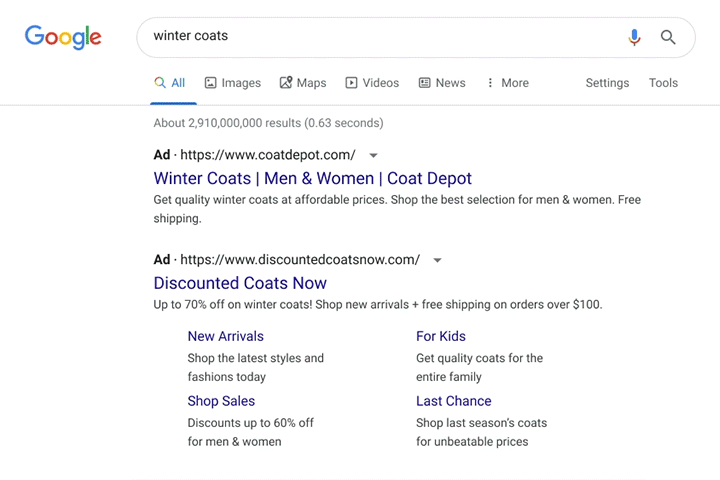 Szemlélteti, hogy hol lehet ellenőrizni a Google Ads hirdetőt, illetve miért jelenik meg a hirdetés Google Ads hirdetések példája