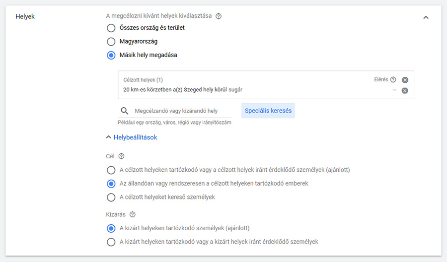 Google Ads hiba a földrajzi helyek célzásának beállítása