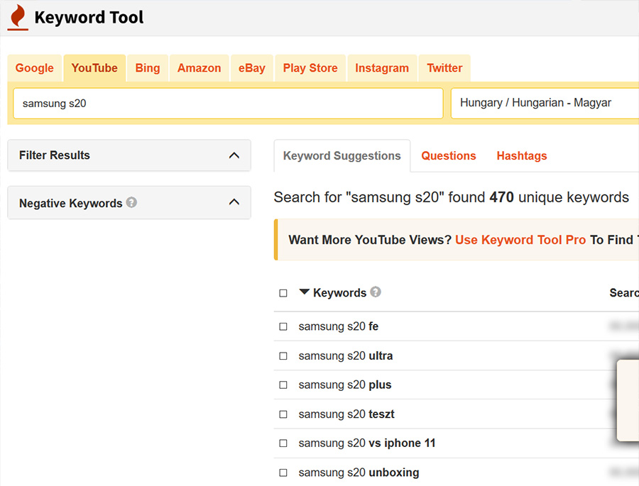 KeyWord Tool a YouTube SEO keresőoptimalizáláshoz használandó eszköz