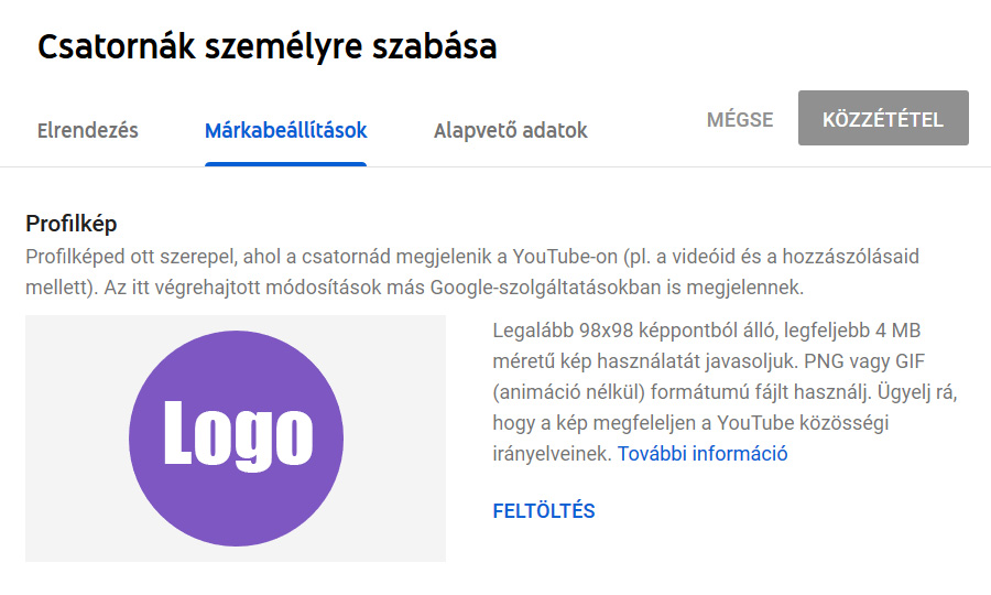YouTube csatorna beállítása